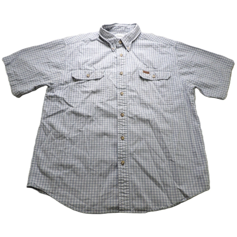 VTG Y2K Carhartt Plaid Work Shirt Men L Blue Short Sleeve Cotton Button Down Top